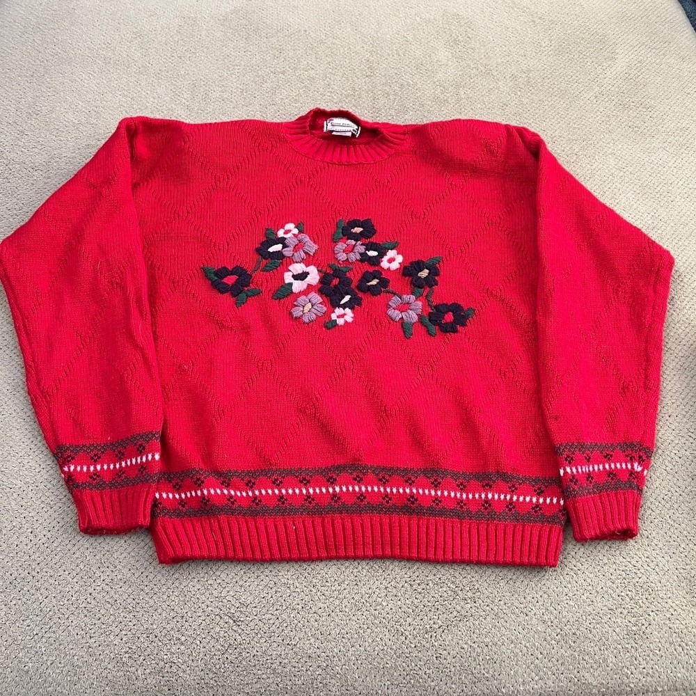 Vintage 1990s Gina Peters Red Floral Embroidered Sweater Size M Diamond Knit